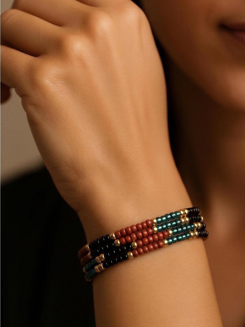 Multi-Strand Beaded Bracelet in Black, Rust & Teal with Gold Accents